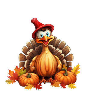 Naklejki cute turkey cartoon wearing hat and scarf with maple leaves and pumpkin isolated ai generative