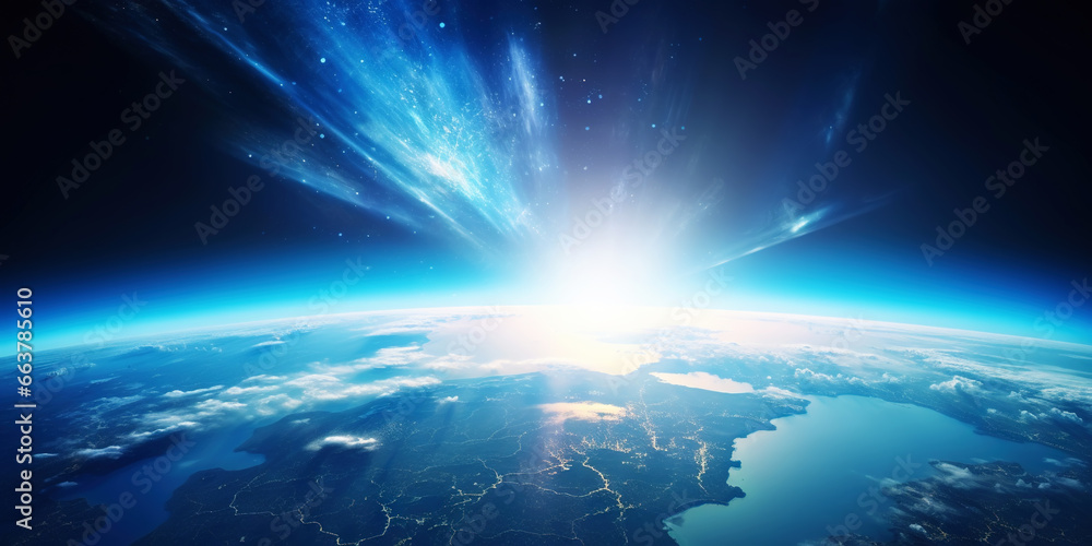 Wall mural panoramic view on planet earth globe from space with rising sun. glowing city lights, light clouds. 