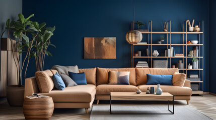 Modern living room decor characterized by a beige corner sofa set against walls painted in a stylish dark blue shade