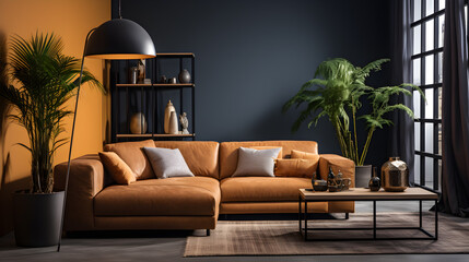 The modern living room boasts a beige corner sofa in contrast to its sophisticated dark blue walls