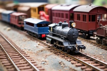 Fototapeta na wymiar old train models arranged on a railway setup