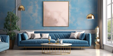 A blue sofa combined with blue walls gives the impression of being simple, luxurious and elegant