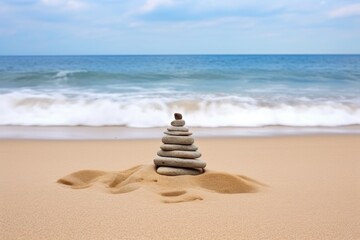 Fototapeta na wymiar zen stone pyramid on a sandy beach with sea waves