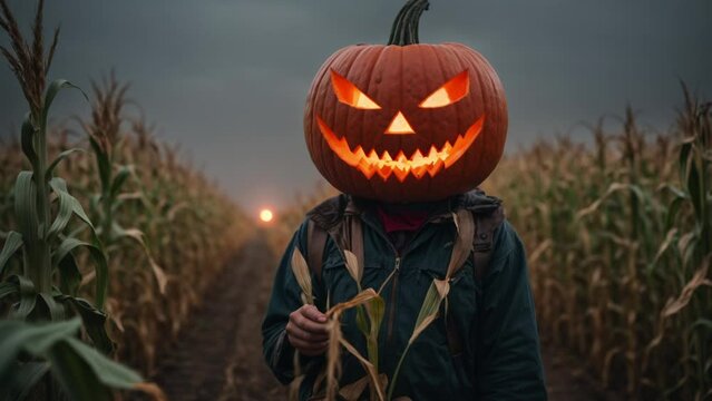 Spooky Halloween jack-o-lantern man in cornfield