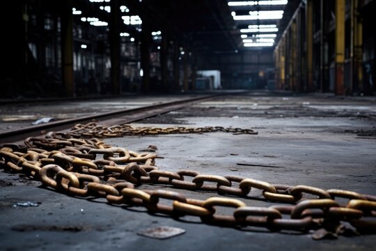 broken chain on a deserted factory floor