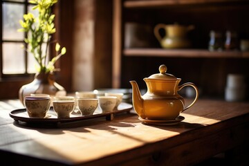 Fototapeta premium a tea set on a wooden table in a well-lit room