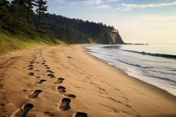 a trail of footprints leading to the ocean shore - Powered by Adobe