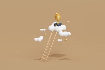 Ladder of success business trophy achievement winner crown stair on 3d illustration background development strategy competition cup concept or victory champion award goal challenge motivation target.