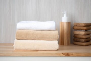 Fototapeta na wymiar stack of clean towels on a wooden bathroom shelf