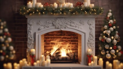 Cosy Holiday Atmosphere: Blurred Fireplace with Festive Decorations on Table Top.