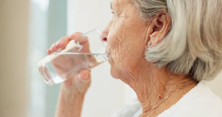 Healthy, hydration and senior woman drinking water for wellness and liquid diet detox at home. Thirsty, fresh and calm elderly female person enjoying glass of cold drink in modern retirement house. - obrazy, fototapety, plakaty