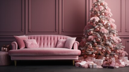 Cozy Holiday Celebration with Pink Christmas Tree, Sofa, and Classic Decor Elements