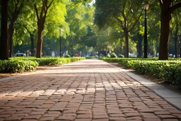 a brick path being laid in a park area - obrazy, fototapety, plakaty