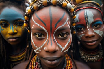 The face of colorful makeup of the Suri tribe in Africa - obrazy, fototapety, plakaty