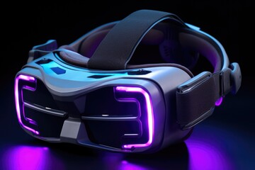 vr headset with surrounding blue and purple led lights - obrazy, fototapety, plakaty