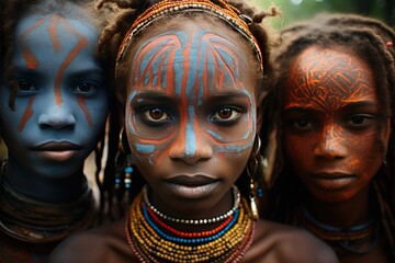 The face of colorful makeup of the Suri tribe in Africa - obrazy, fototapety, plakaty