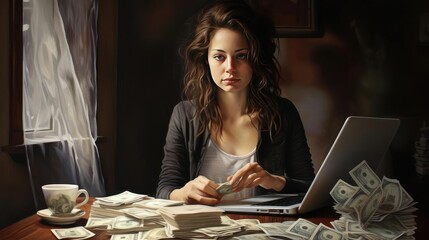 Young woman at computer earning remotely