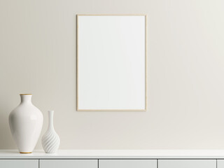 Frame mockup on white wall. Poster mockup. Clean, modern, minimal frame. Empty frame Indoor interior, show text or product
