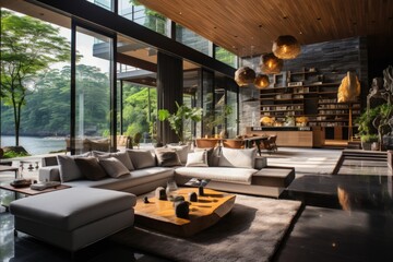 Home interior design of modern living room near lake