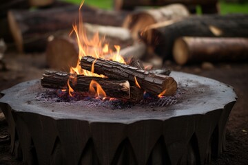 close-up of fire pits iron poker on a wood log