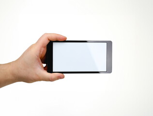 Male hand hoding smartphone isolated on white background. You can insert an image image of your...