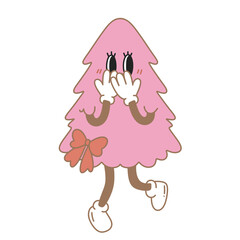 Retro pink Christmas tree with ribbon Hippie groovy style cute cartoon  winter Merry xmas and Happy New year  hand draw clipart
