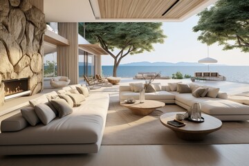 Fototapeta premium Home interior design of modern living room near lake