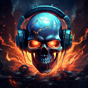 an illustration of skull music rock in headphone at background flash on fire