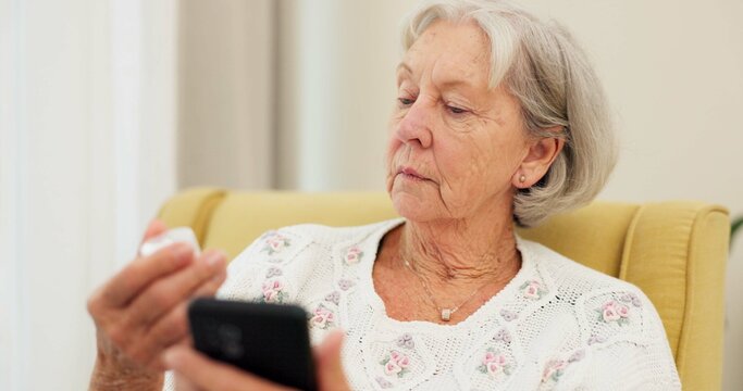 Research, pills and senior woman with phone to check for information on medication and typing online search about medicine . Elderly person, medication and reading about pharma drugs on smartphone - Powered by Adobe
