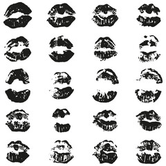 Vector grunge set of female lips prints. Rough grunge black lipstick kiss print collection isolated on transparent background. Monochrome sexy seamless pattern