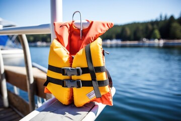 child-size life vest hanging on a boat railing