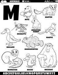 cartoon animal characters for letter M set coloring page