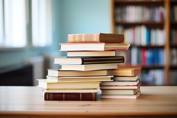 stack of books on table in office