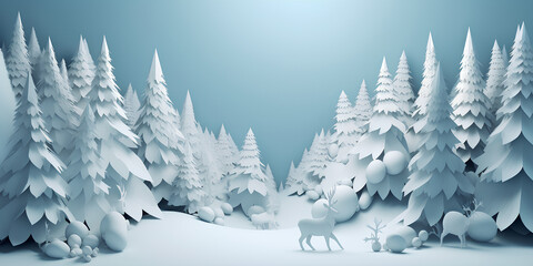 Winter background with fir-trees and deer in paper cut style. - obrazy, fototapety, plakaty