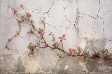 cracked wall covered with blossoming vine