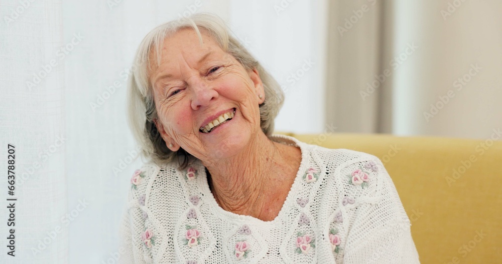 Sticker Face, smile and old woman on sofa with happiness at nursing home for elderly care and rehabilitation. Healthcare, laughing and portrait of happy person ion couch in house in retirement in living room