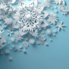 Winter background composition with snowflakes in paper cut style. Copy space