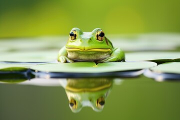 a bullfrog sitting on a lily pad in a serene pond - obrazy, fototapety, plakaty