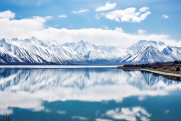 a serene lake surrounded by towering, snow-capped mountains