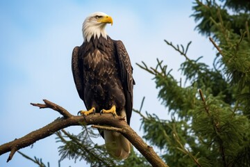 a bald eagle perched on a tall tree