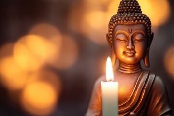 close up of a meditating buddha statue with soft candlelight in background - obrazy, fototapety, plakaty