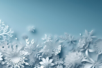 Fototapeta na wymiar Winter background with snowflakes in paper cut style. Copy space