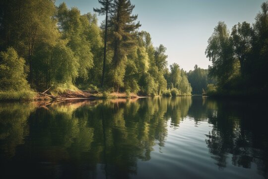 A scenic view of nature with tall trees and a serene body of water. Generative AI