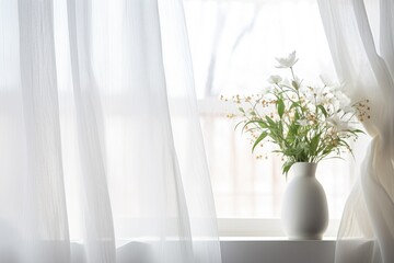 sheer white curtains floating with a breeze against an open window - obrazy, fototapety, plakaty
