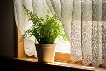 lacy curtains framing a potted plant on a windowsill