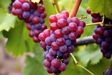 close-up of ripe, red grapes on the vine