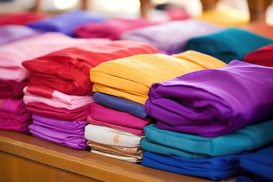 turbans, neatly folded, in various colors at a gurdwara
