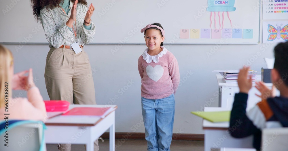 Poster Class, presentation success and child speaker with applause and cheering in classroom at school. Young kid, education and oral reading of project with student and teacher with children in discussion