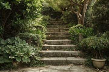 Stone staircase surrounded by green plants, ideal for garden design or landscaping. Generative AI