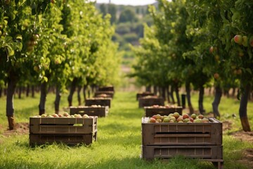 fruit crates in a orchard with trees in the background